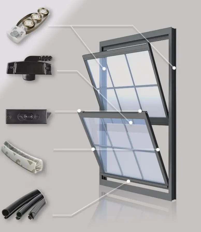 Double-hung window diagram showing locks, balances and operable sashes