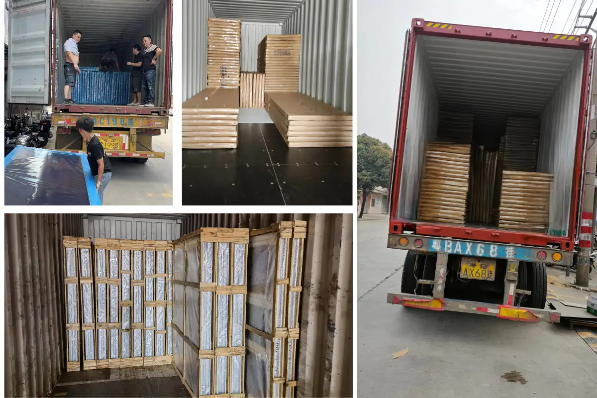 Protected entrance doors and building materials prepared for container loading