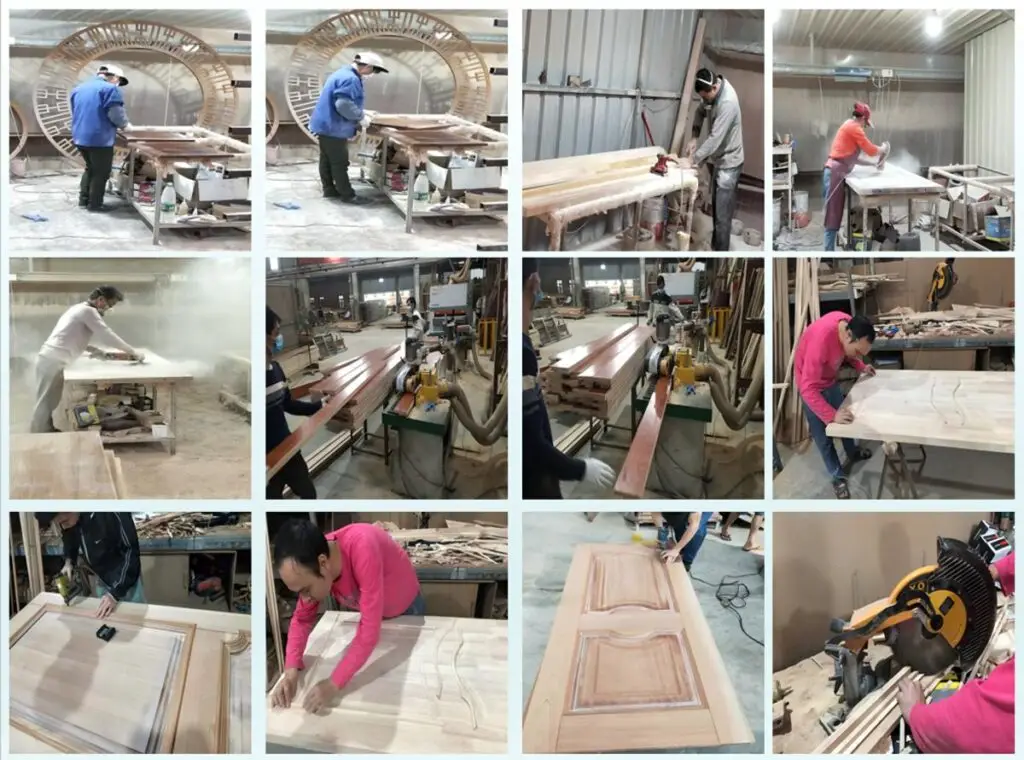Wooden door surface preparation and spray finishing process