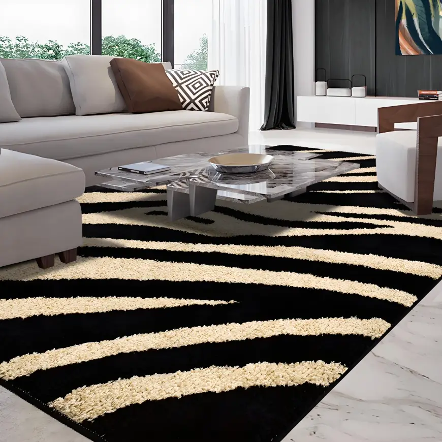 Black and cream patterned area rug beneath a living room seating group