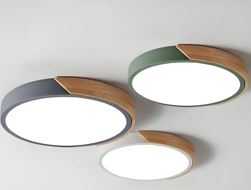 Round surface-mounted ceiling lights with metal and timber-look trim options
