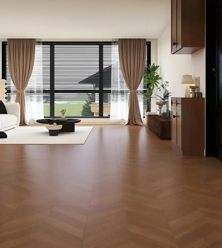 Wood-look porcelain tile finish for interior floors