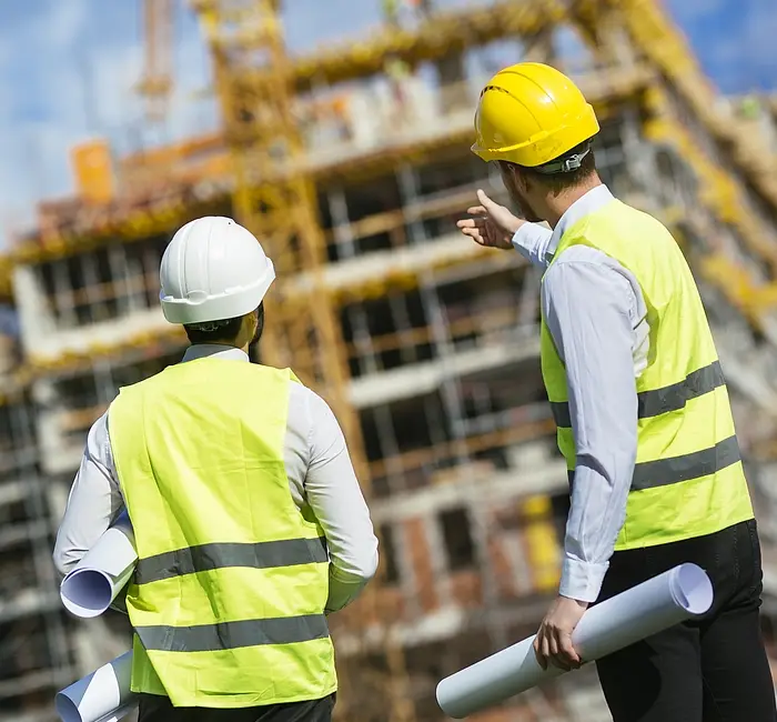 Builder discuss with his colleague