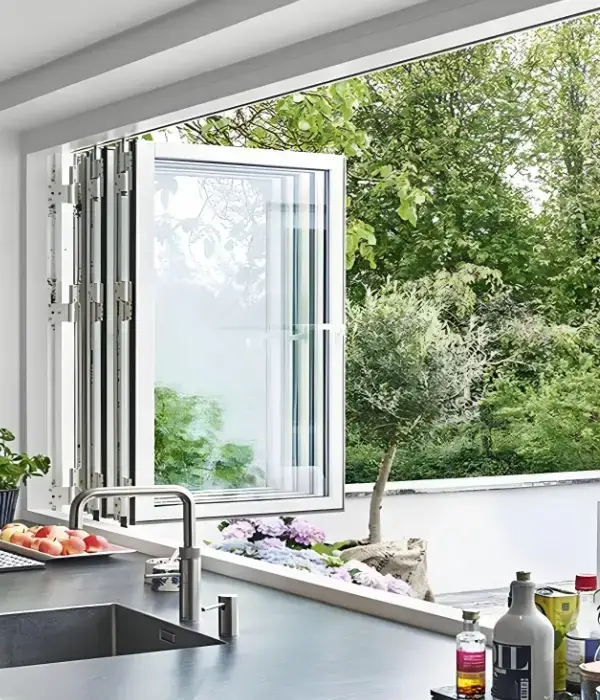 Folding window panels opening across a kitchen counter