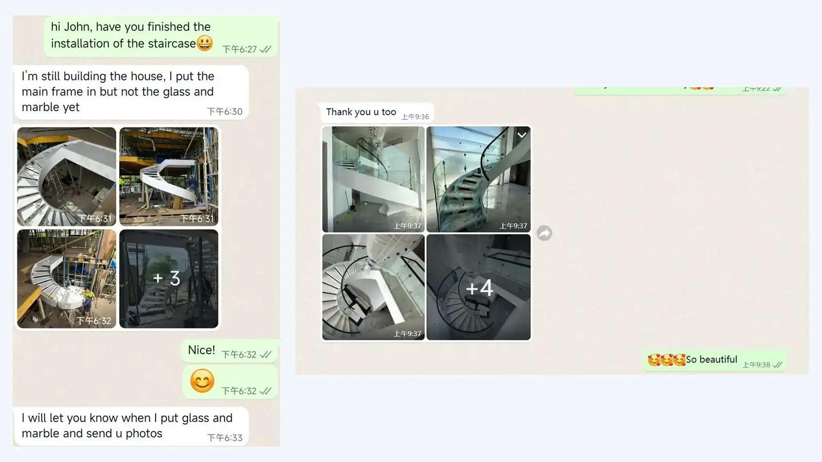 Client feedback showing staircase installation progress and completed results