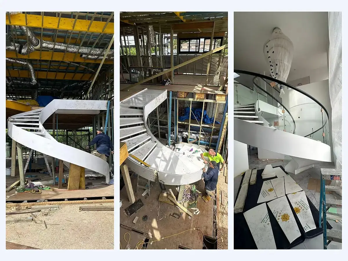 Spiral staircase installation stages at a Melbourne villa project