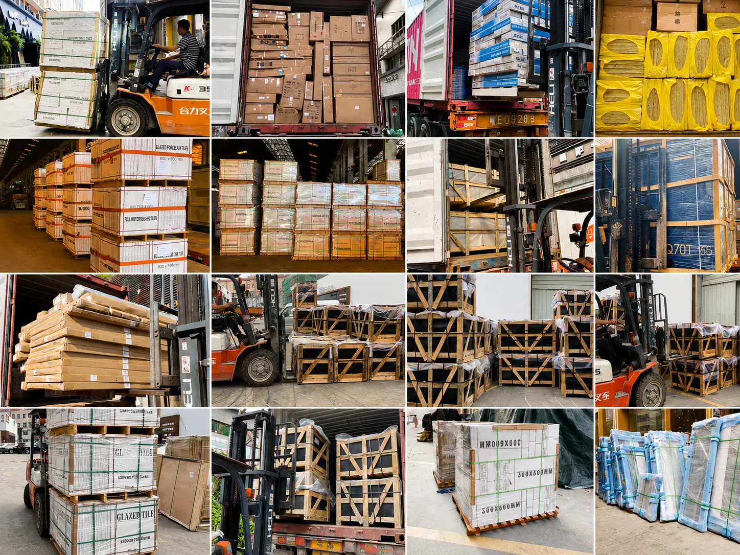 Export-packed building materials organized for multi-category consolidation