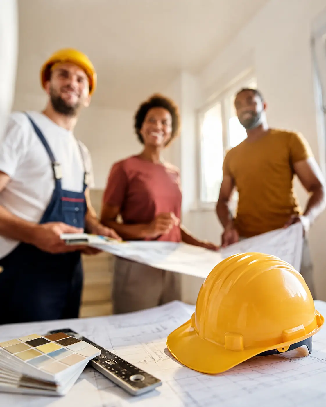 Contractor reviewing a building material schedule and drawings