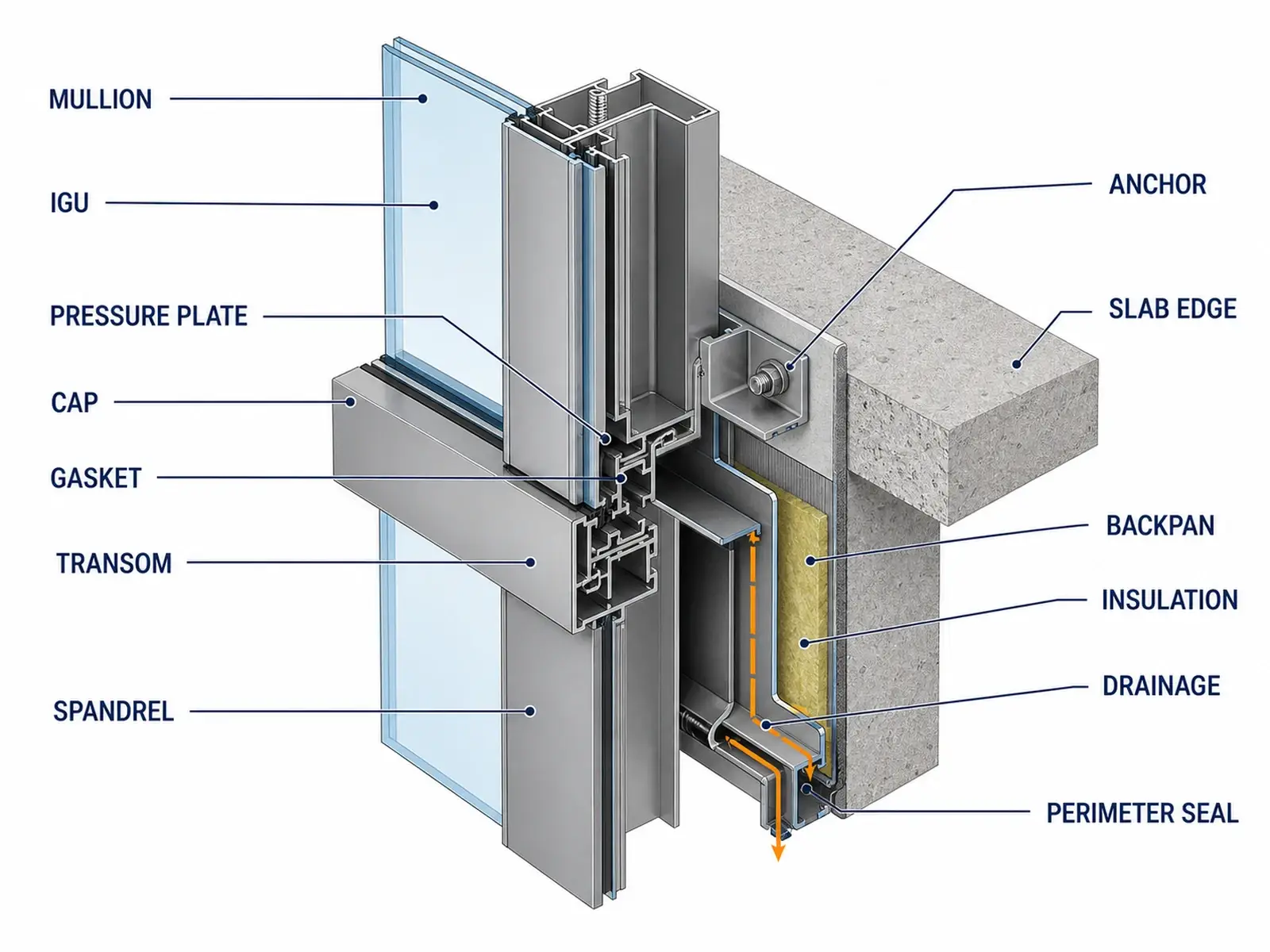 Curtain wall assembly showing mullion, transom, glass, spandrel, anchor and drainage interfaces