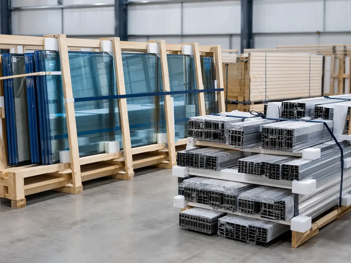 Curtain wall glass and aluminum components protected and labeled for export packing
