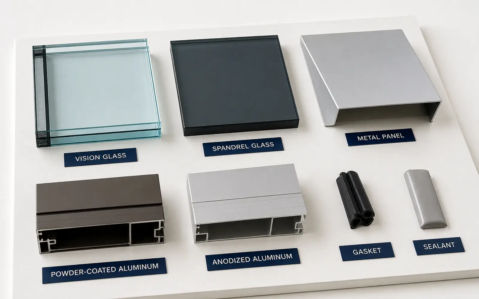 Curtain wall glass, spandrel panel, aluminum finish, gasket and sealant options