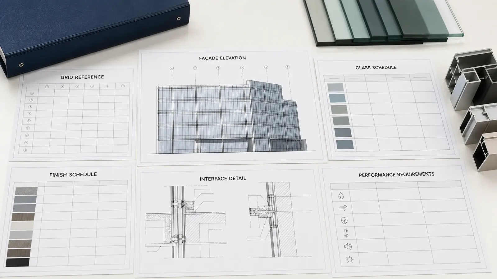 Curtain wall elevation, grid references and material schedules prepared for quotation