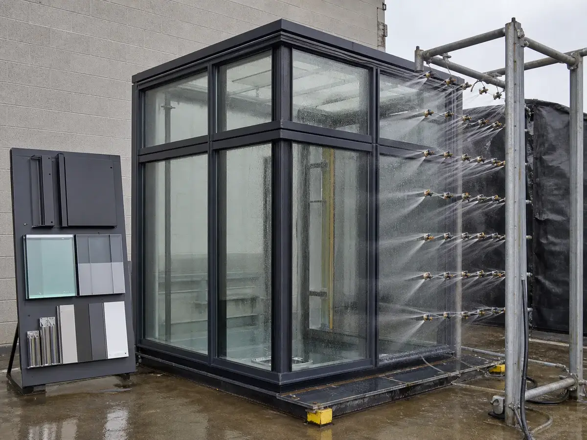 Curtain wall mock-up reviewed during a controlled water test