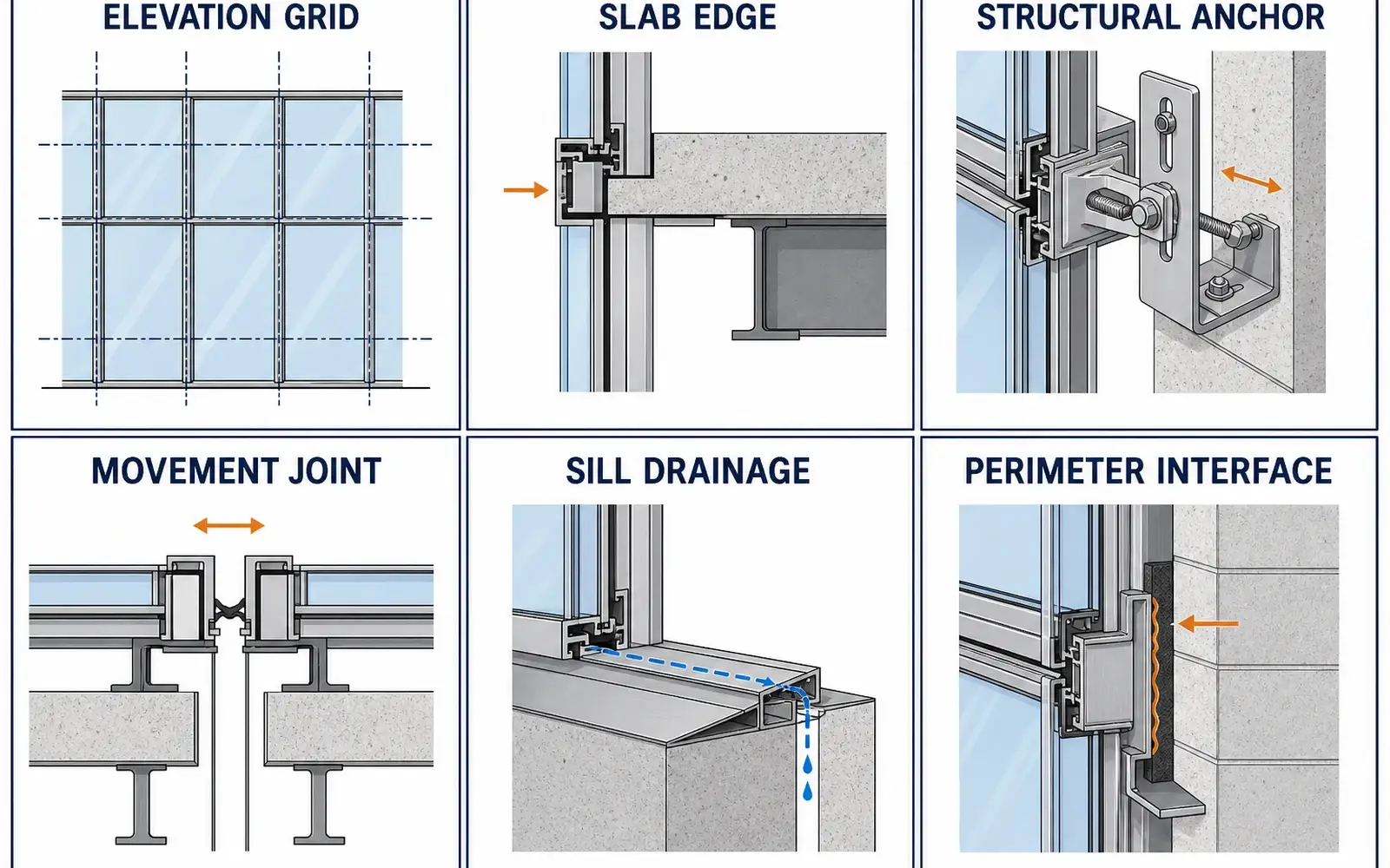 Curtain wall selection checklist covering grid, anchors, movement, drainage and perimeter interfaces