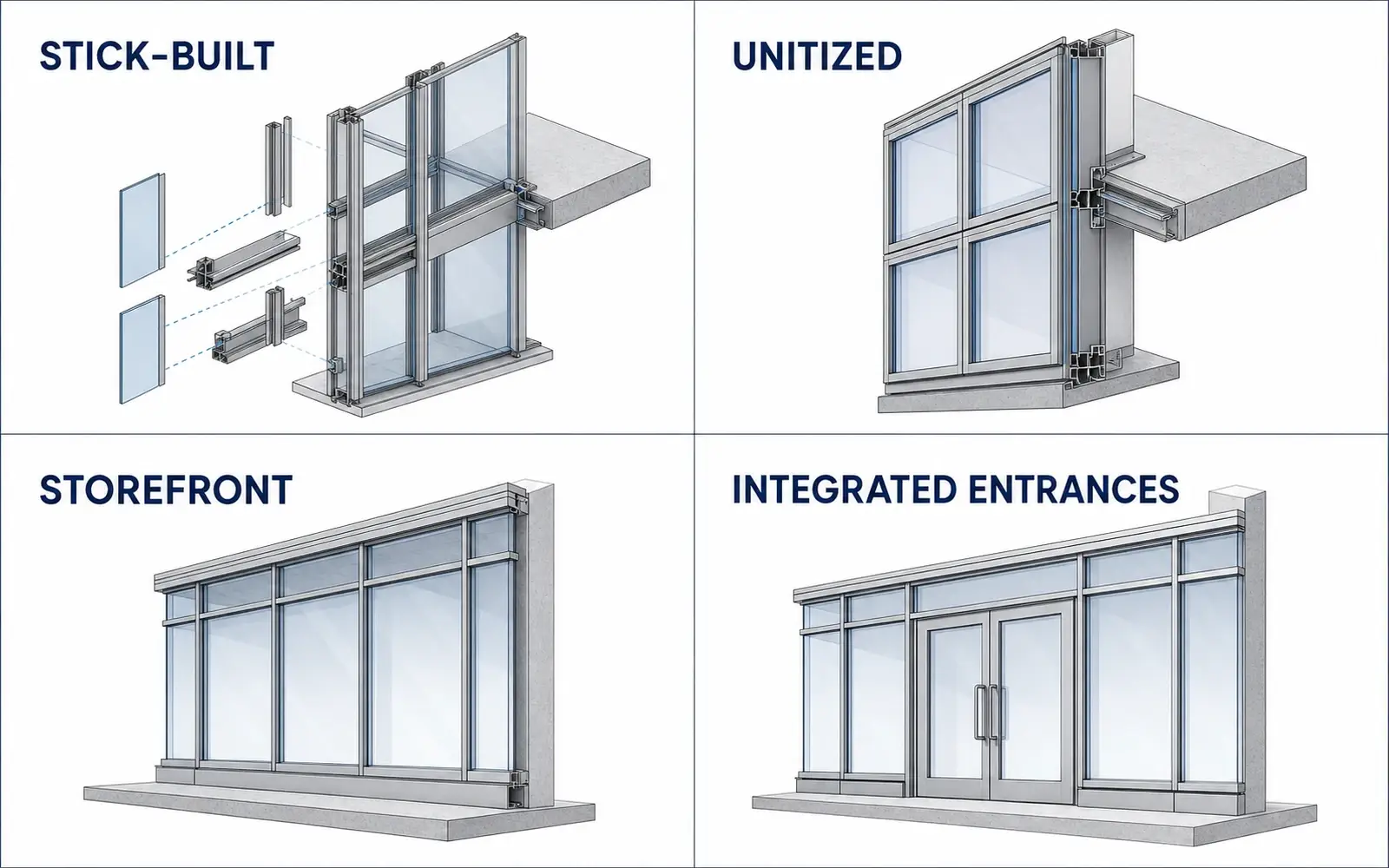 Comparison of stick-built curtain wall, unitized curtain wall, storefront glazing and integrated entrances