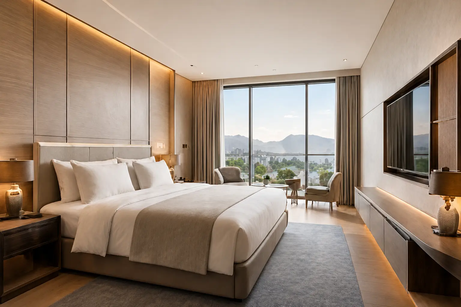 Hotel guestroom representing coordinated hotel building material solutions