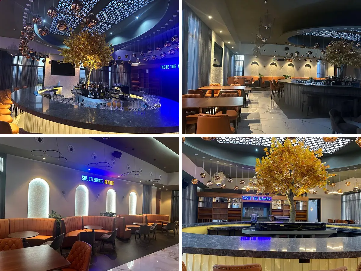 Completed restaurant interior with lighting and seating in Nairobi