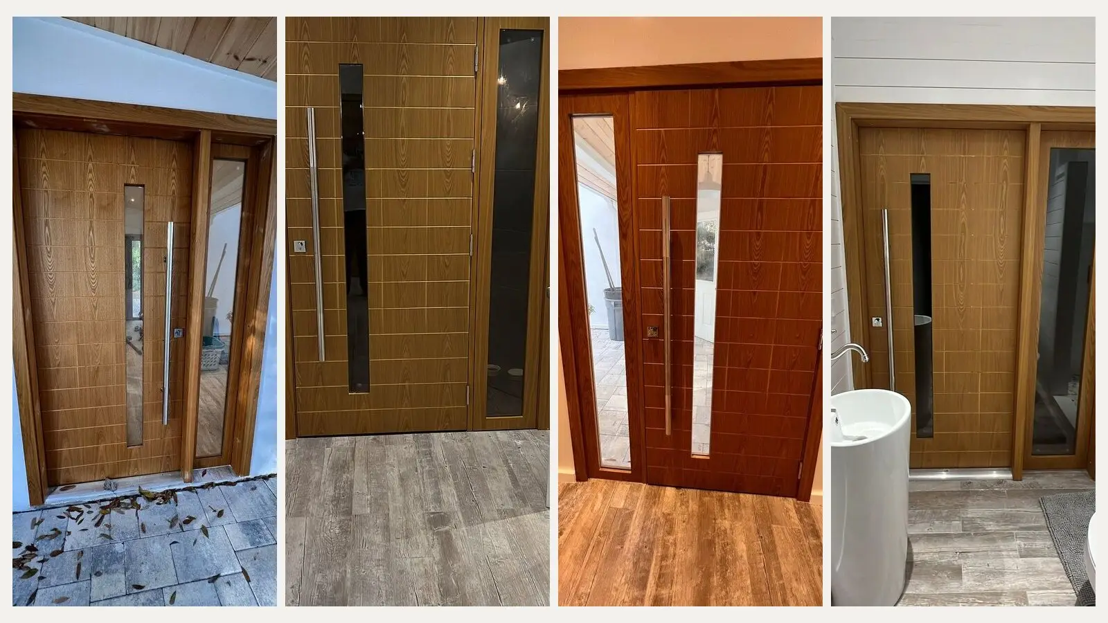 Coordinated flooring and door colors in a residential interior