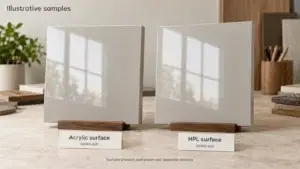 Labeled acrylic and HPL cabinet front samples showing their faces and finished edges