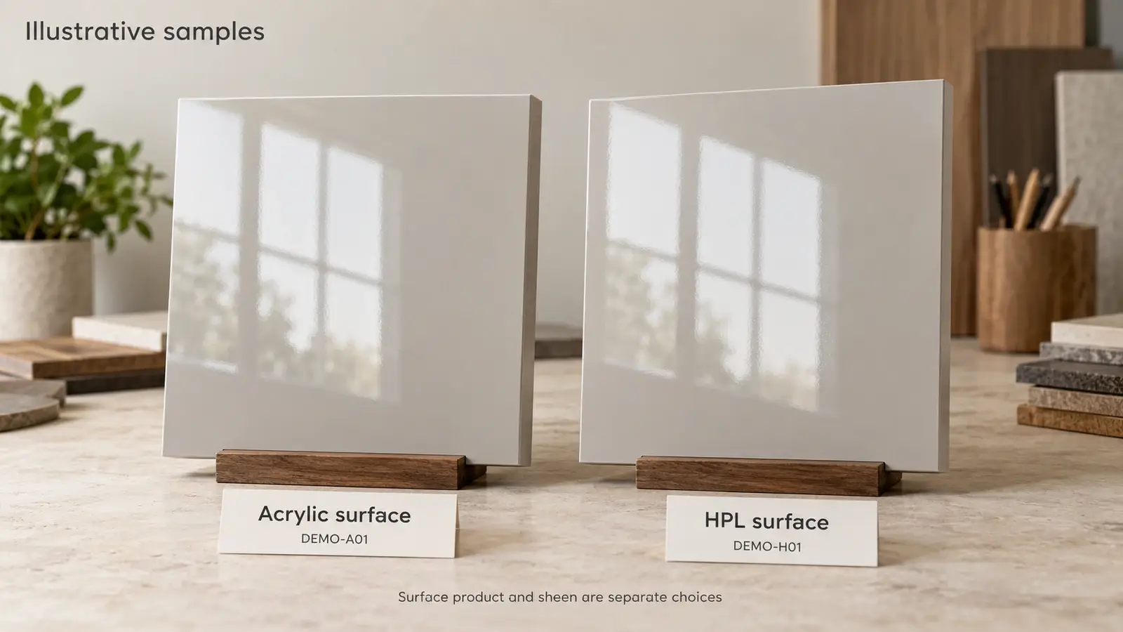 Labeled acrylic and HPL cabinet front samples showing their faces and finished edges