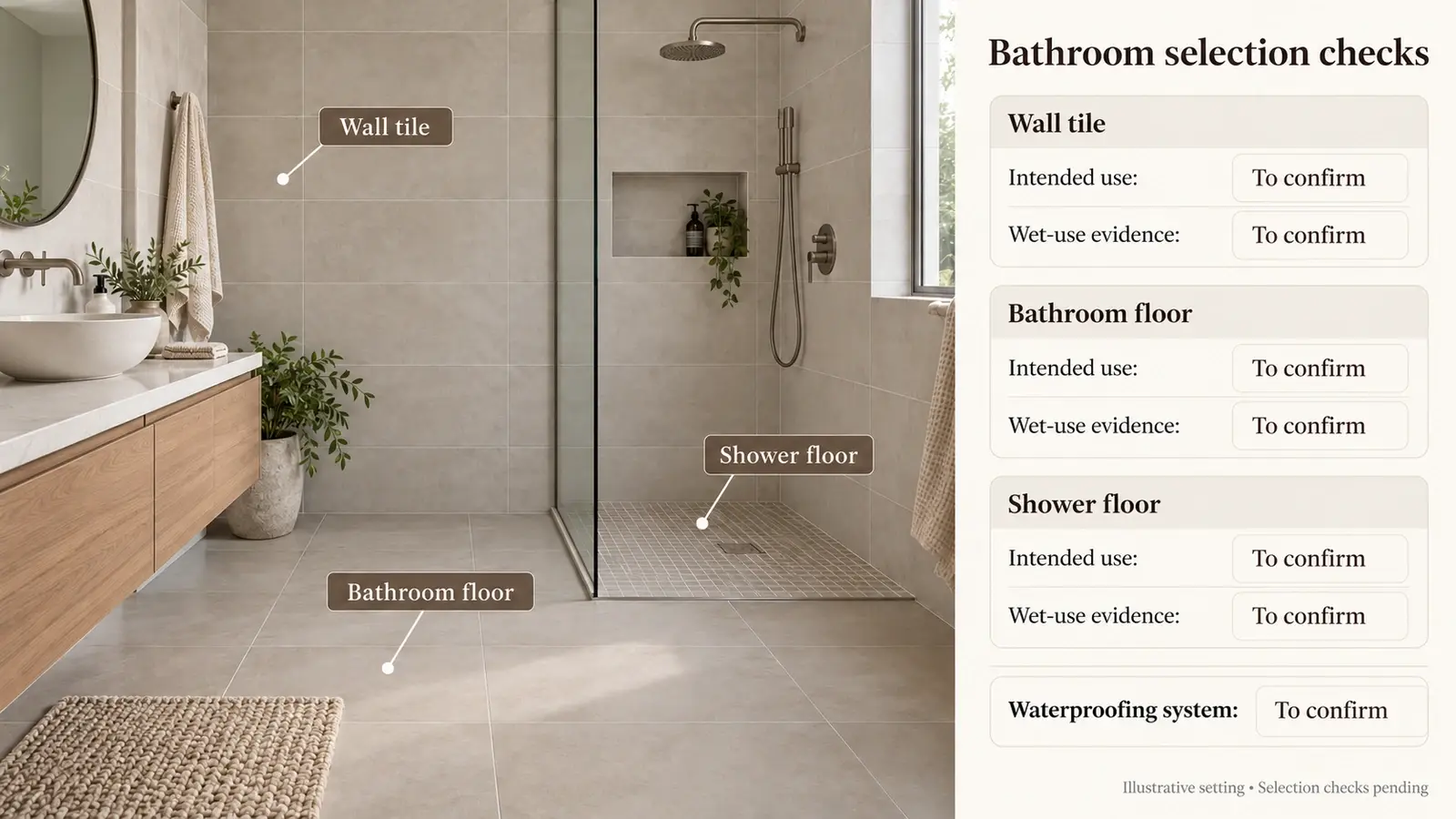 Bathroom illustration identifying wall tile, bathroom floor and shower floor selection checks