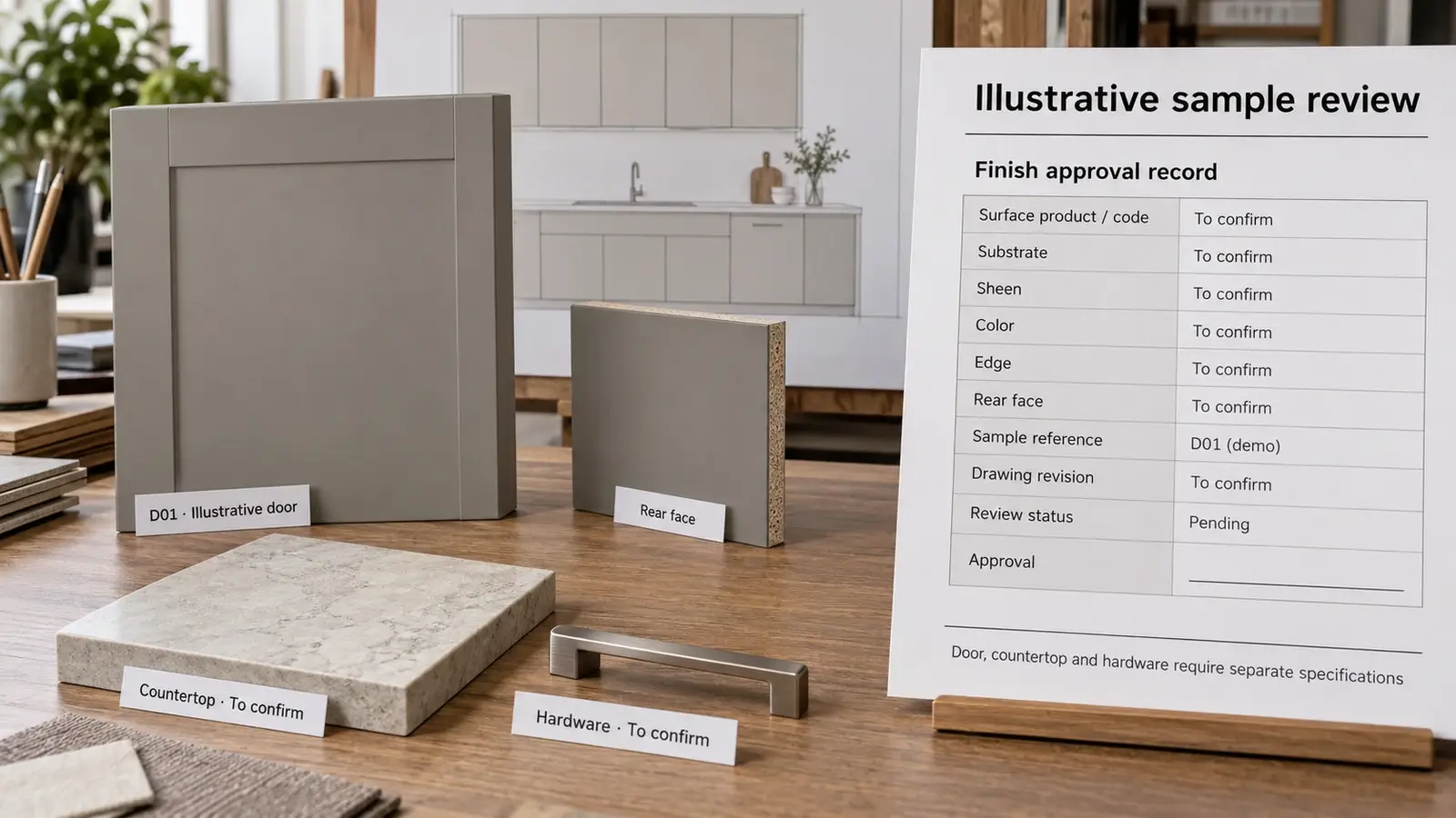 Cabinet door sample beside countertop and hardware samples with a finish approval checklist