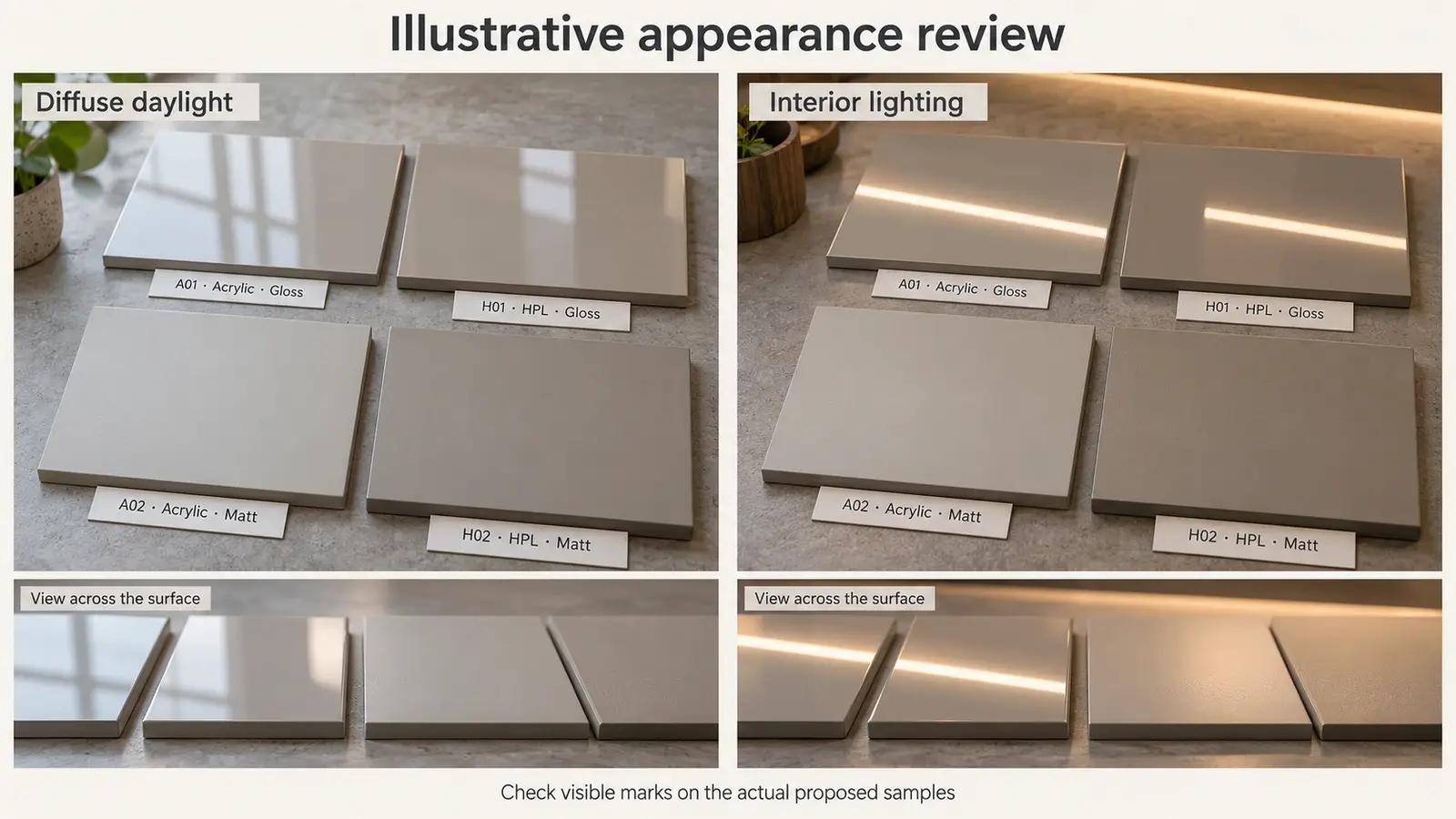 Cabinet finish samples viewed under different lighting with close views of surface reflections