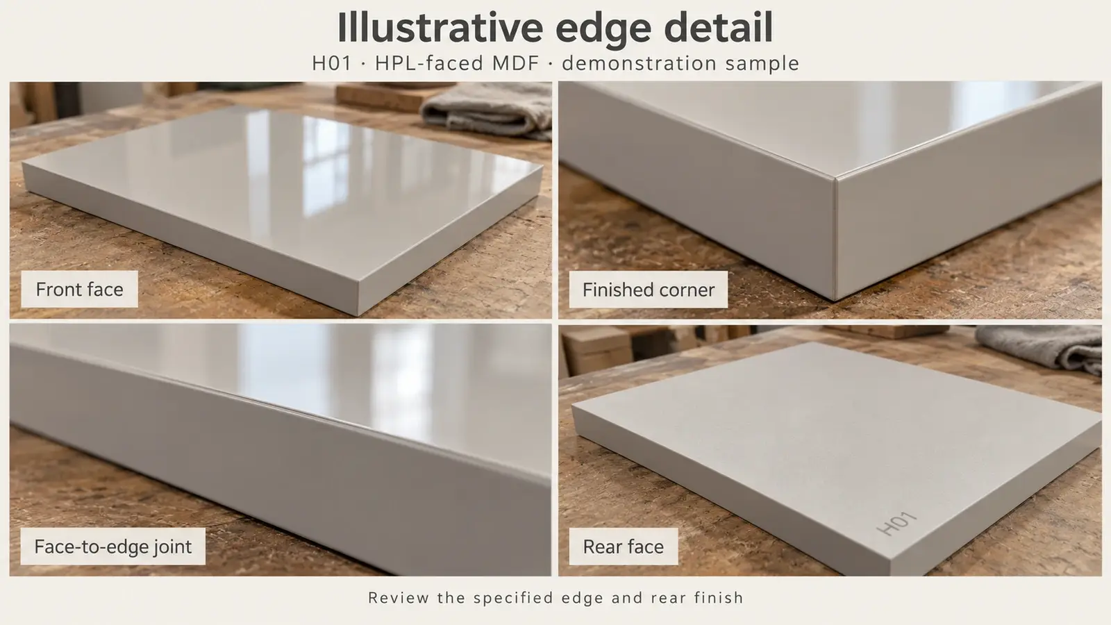 Cabinet front sample showing a finished corner, face-to-edge joint and rear surface