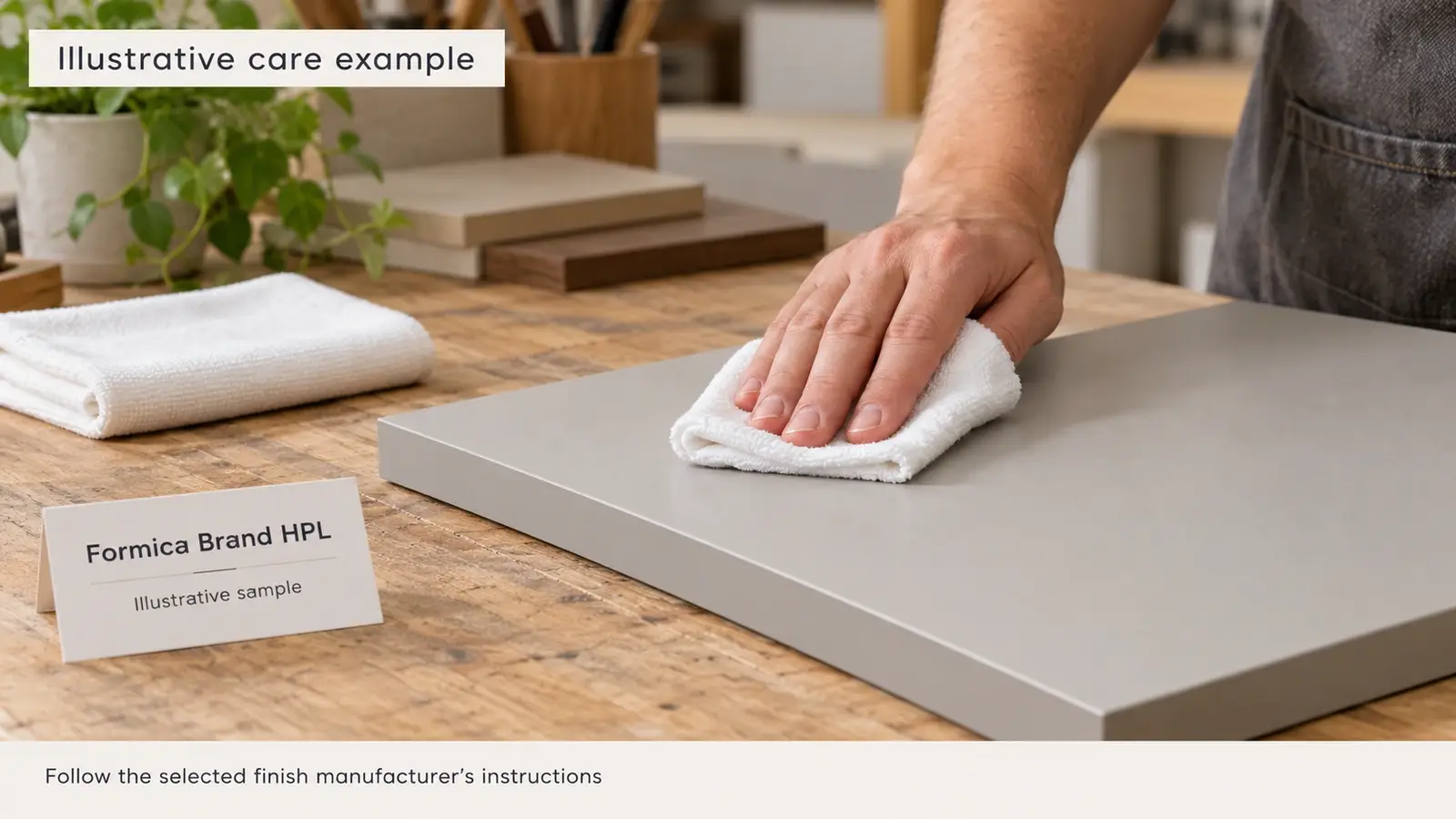 Soft damp cloth wiping a cabinet front sample beside a dry cloth