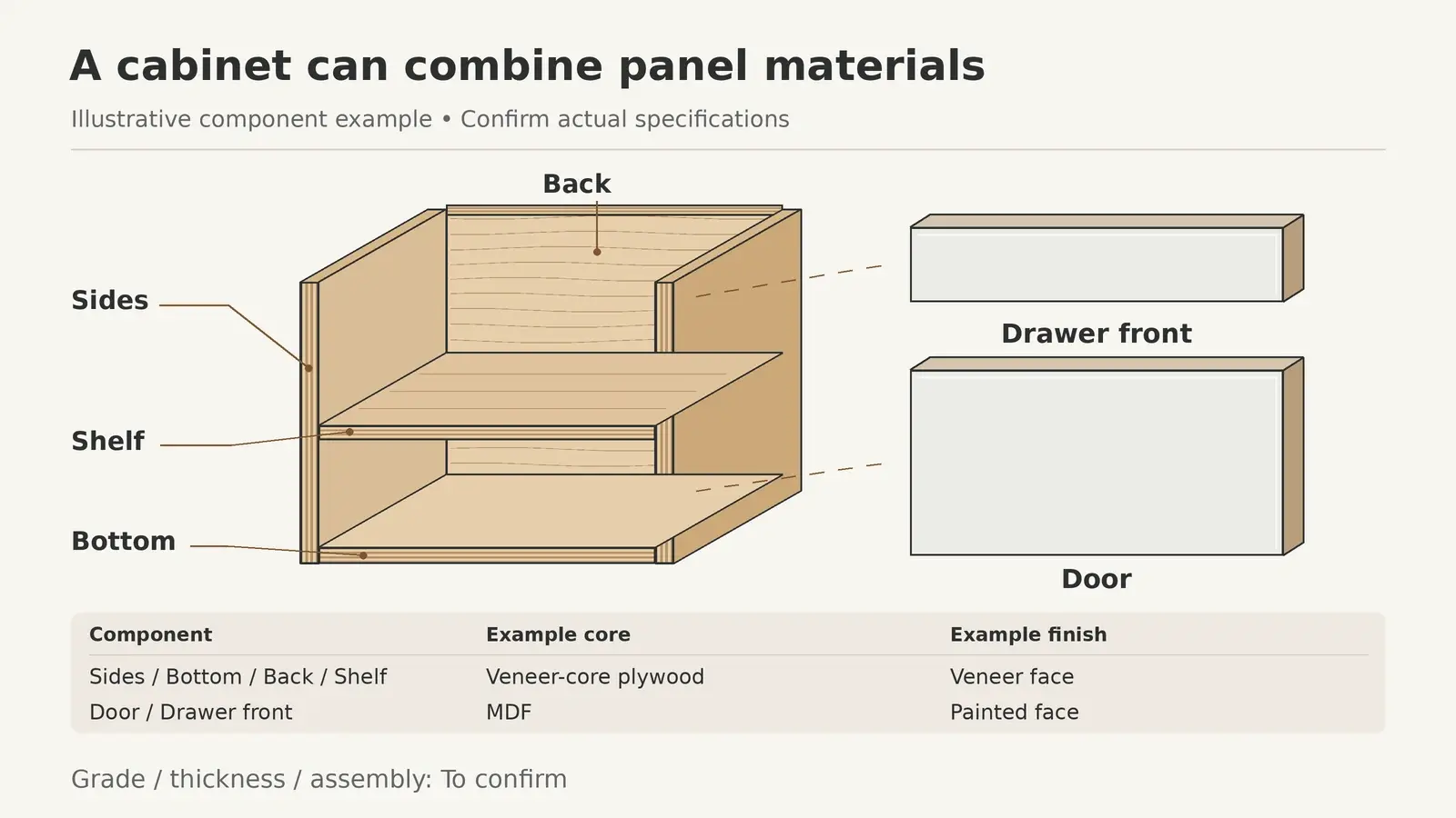 Cabinet diagram identifying plywood box panels, shelf and back with MDF door and drawer front