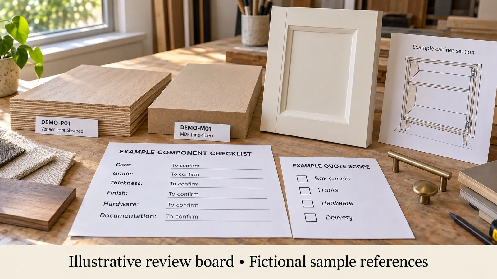 Cabinet panel and door samples beside a section drawing and component quotation checklist