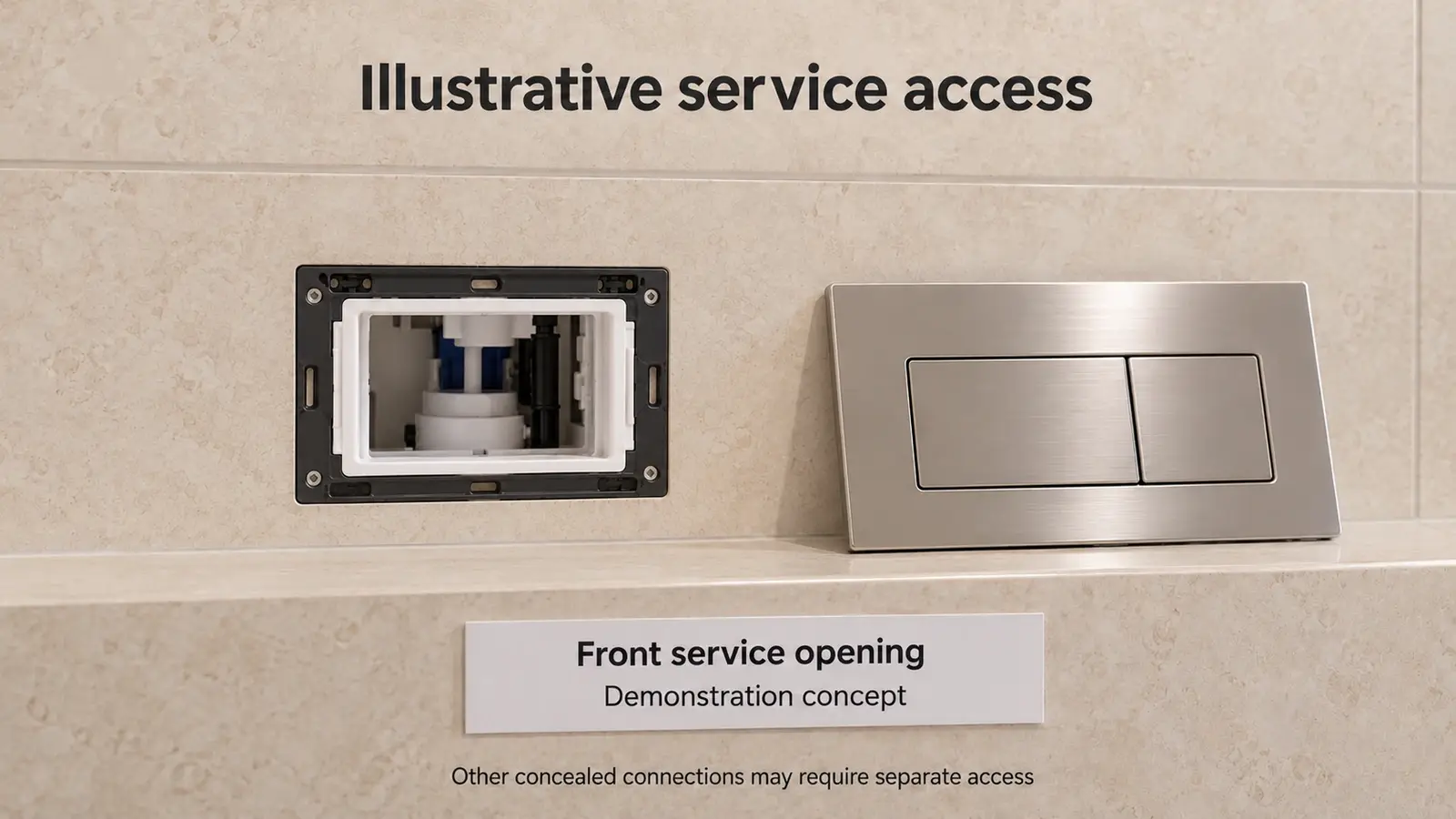 Removed flush plate beside the service opening of a concealed toilet cistern demonstration unit