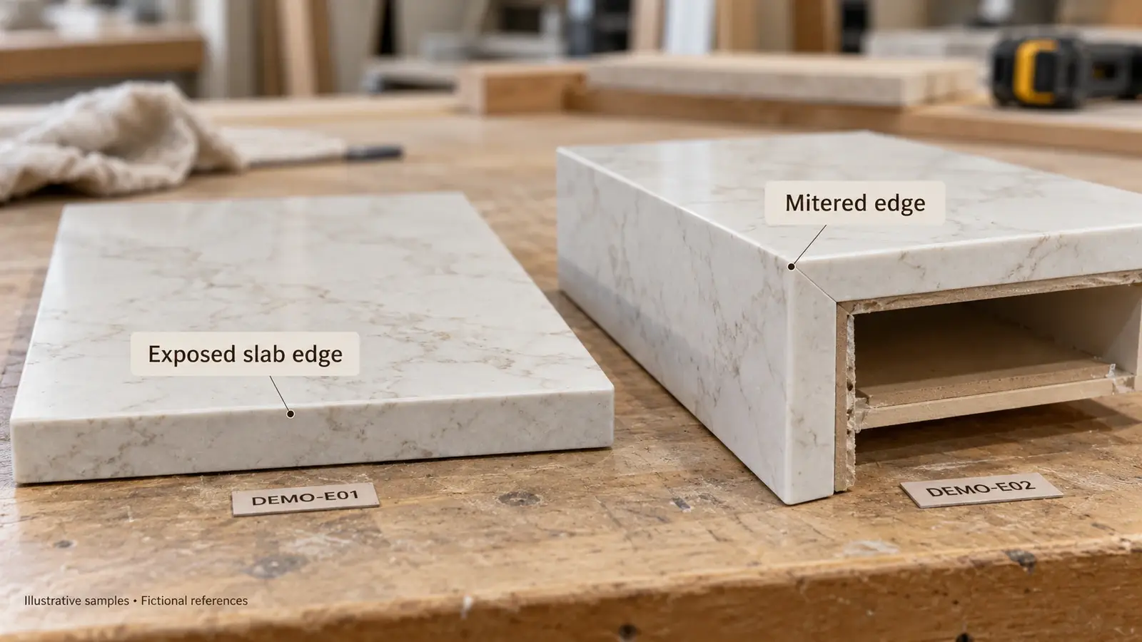 Countertop samples showing an exposed slab edge and a mitered edge detail