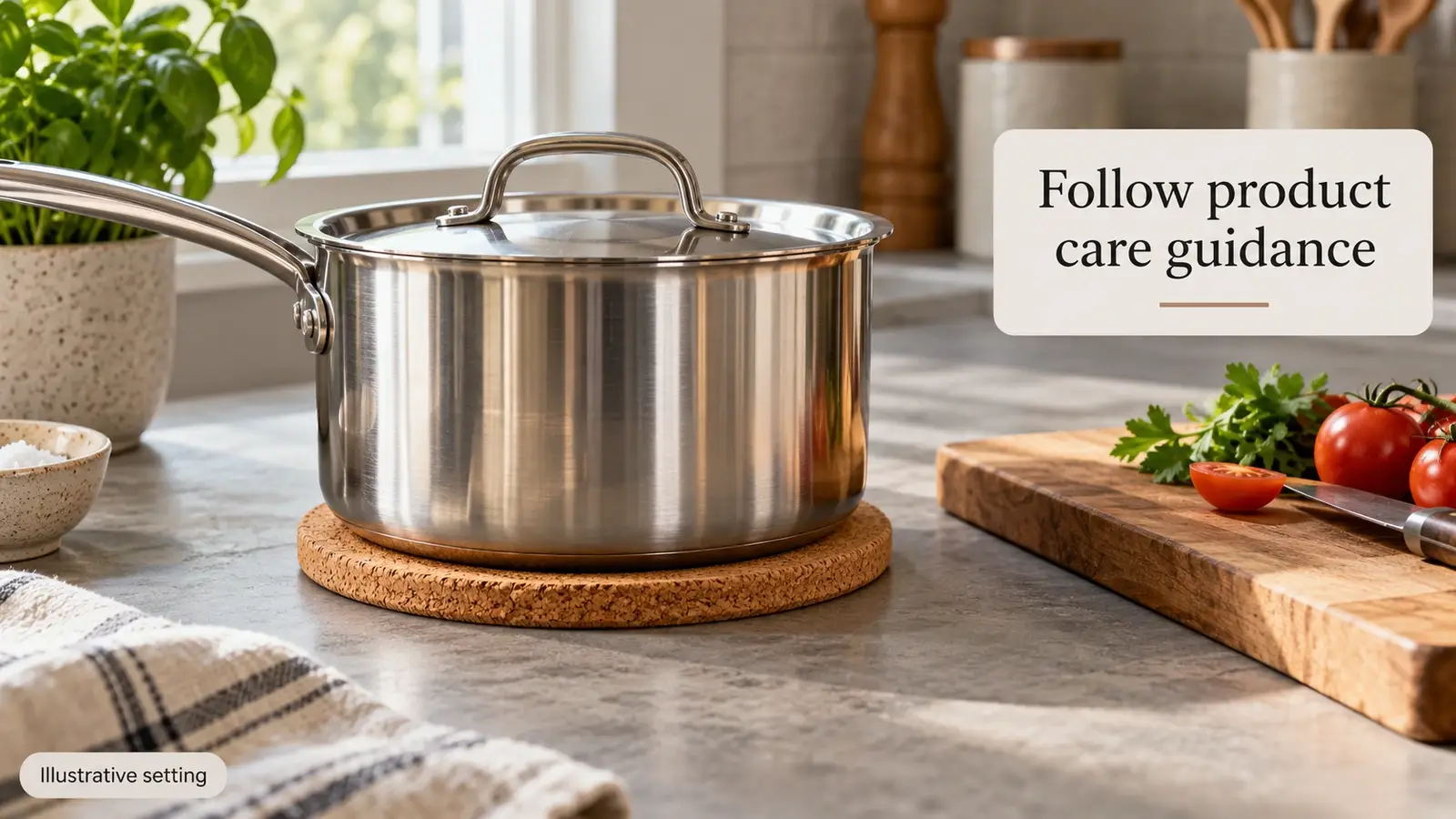 Cookware resting on a trivet beside a cutting board on a kitchen countertop