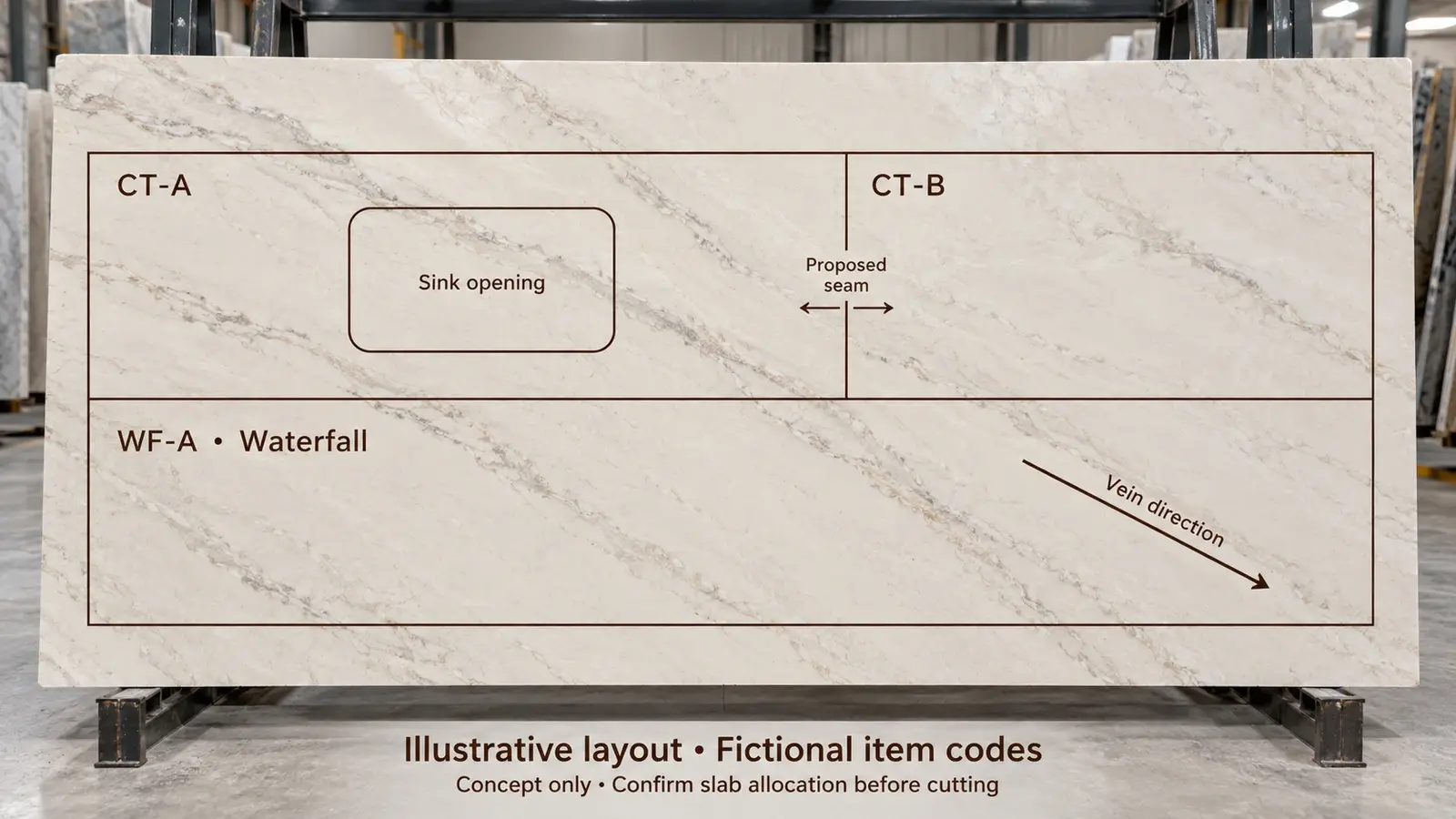 Slab layout showing countertop pieces, seam position and vein direction