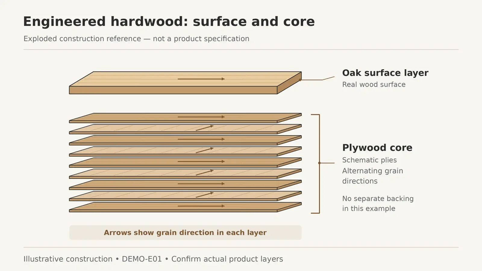 Engineered hardwood exploded diagram showing an oak surface over a plywood core with alternating grain directions