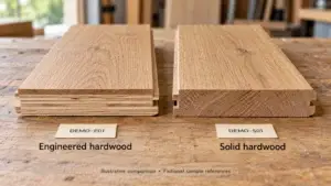 Engineered hardwood and solid hardwood samples showing their wood surfaces and cut edges