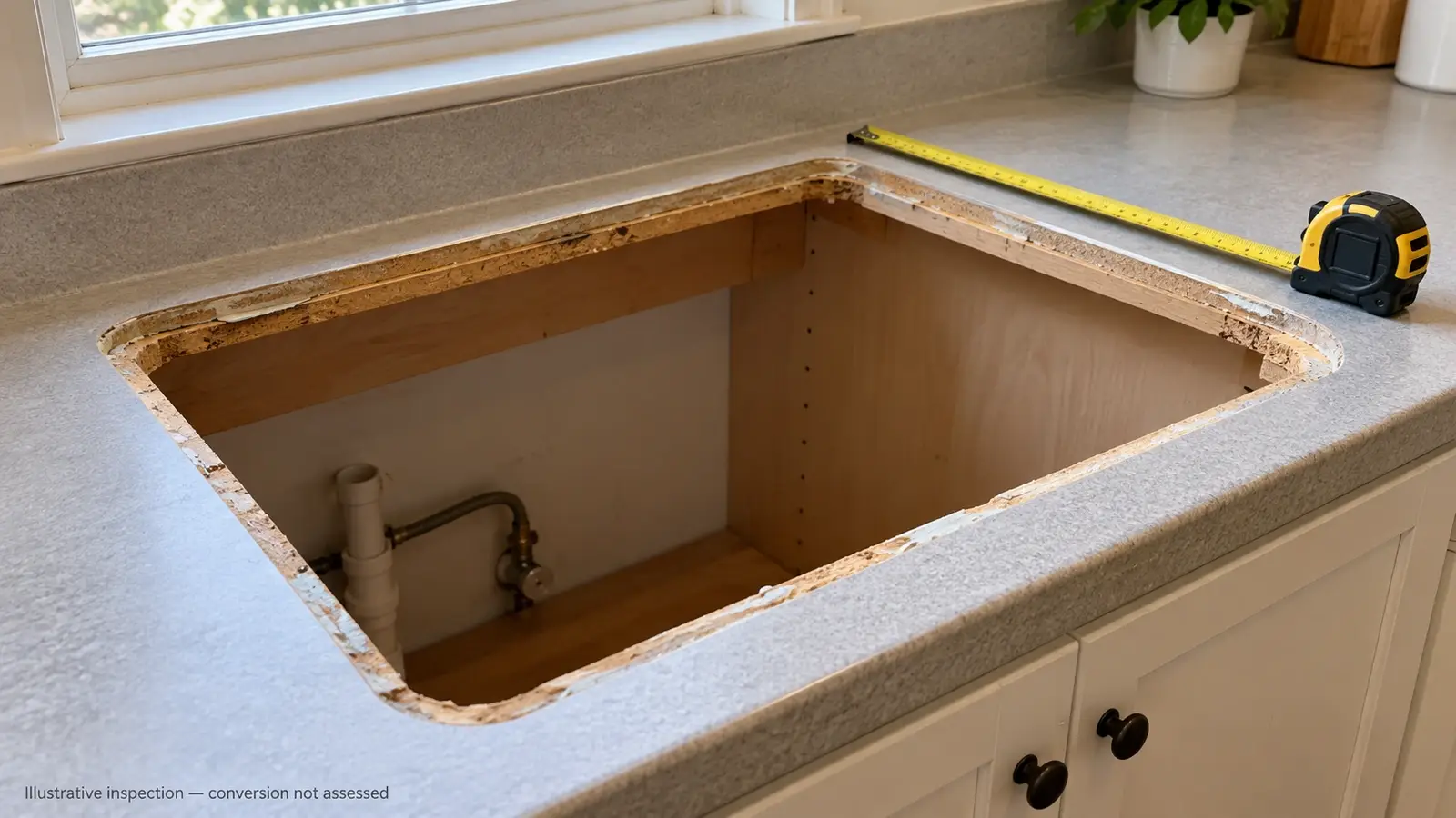 Existing countertop sink opening with the old basin removed for a cutout inspection