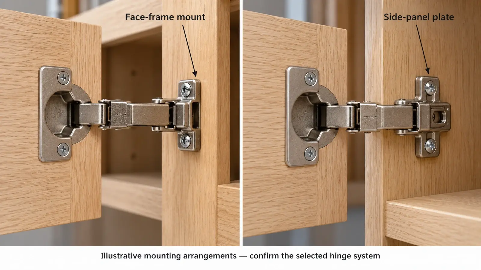 Face frame hinge mounting beside a hinge plate attached to a frameless cabinet side panel