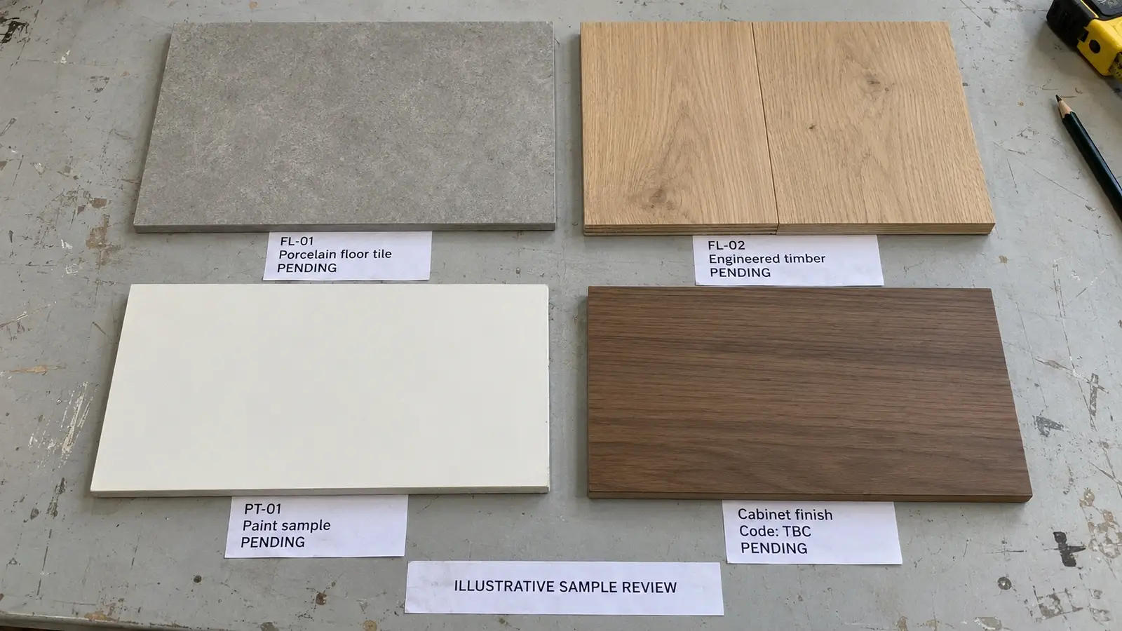 Tile timber paint and cabinet finish samples labelled for review against a finish schedule
