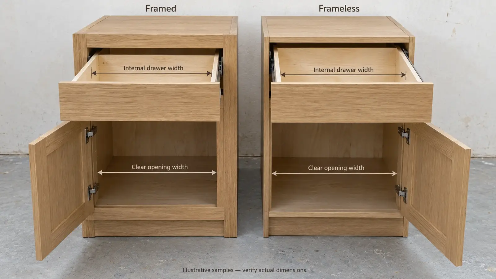 Open framed and frameless cabinets showing clear openings and extended drawers