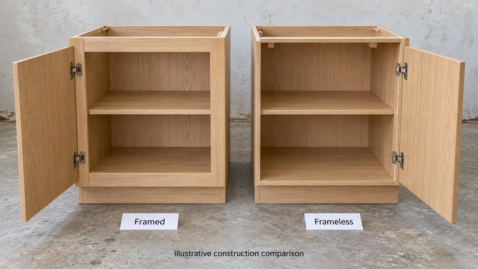 Framed and frameless base cabinets with doors open to show the front openings