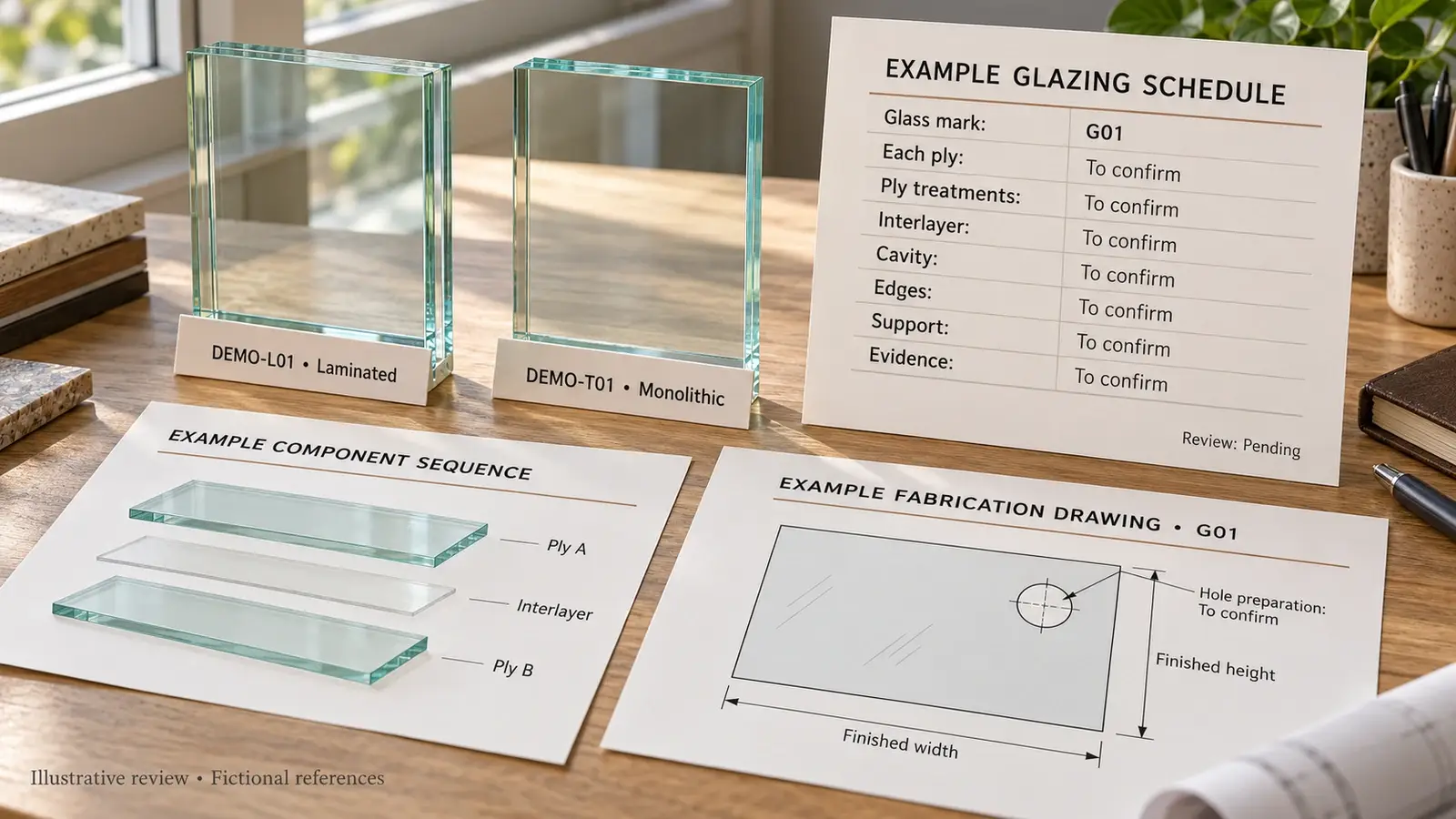 Glass samples, a glazing build-up sketch and a schedule with size and fabrication checks