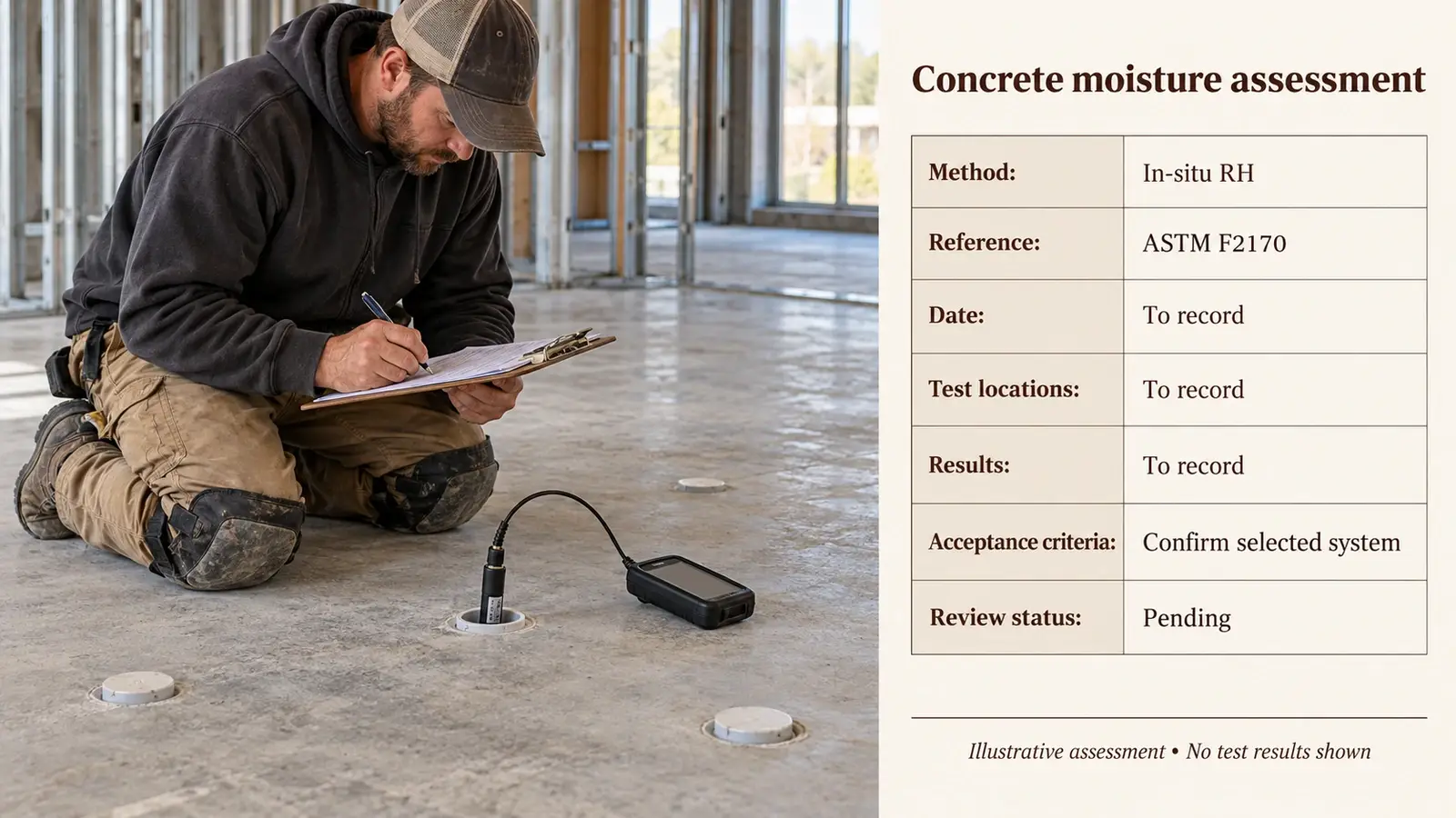 Installer recording concrete subfloor moisture assessment details beside an in-situ RH probe and test record