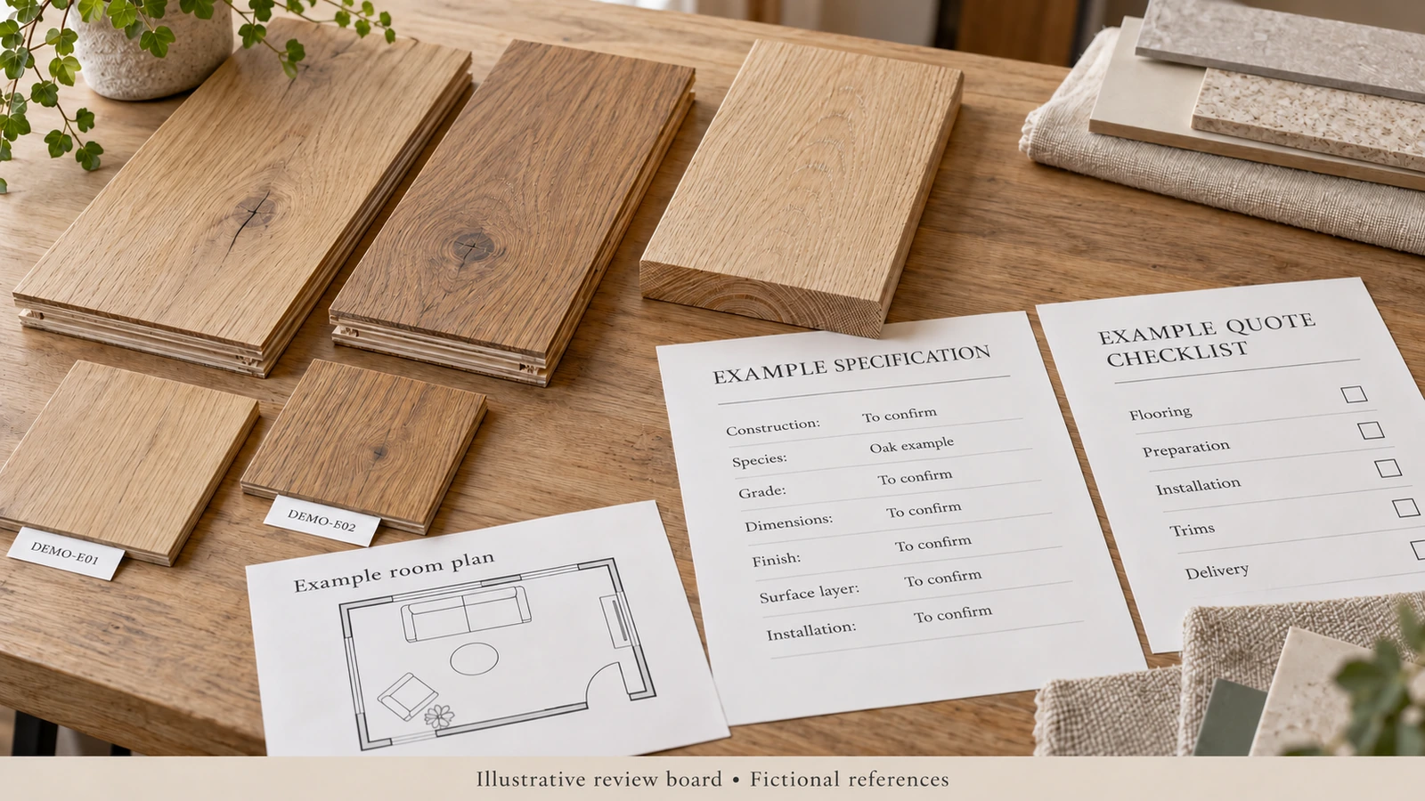 Hardwood samples beside an example room plan, flooring specification and itemized quotation checklist