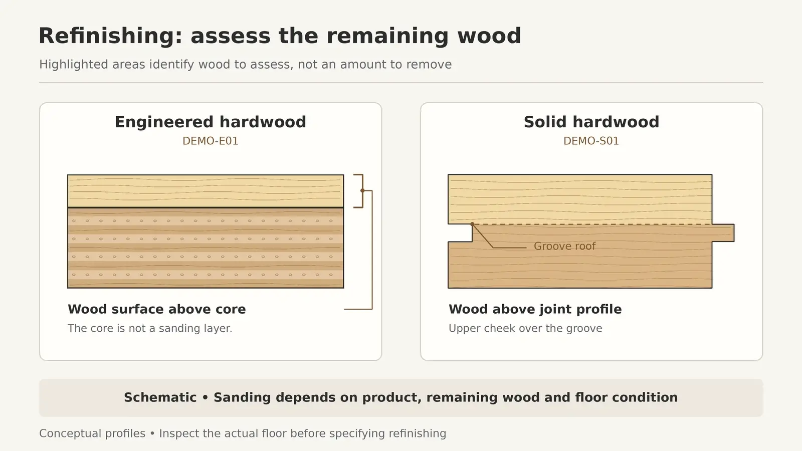 Engineered and solid hardwood sections highlighting the wood above the core and joint profile for refinishing assessment