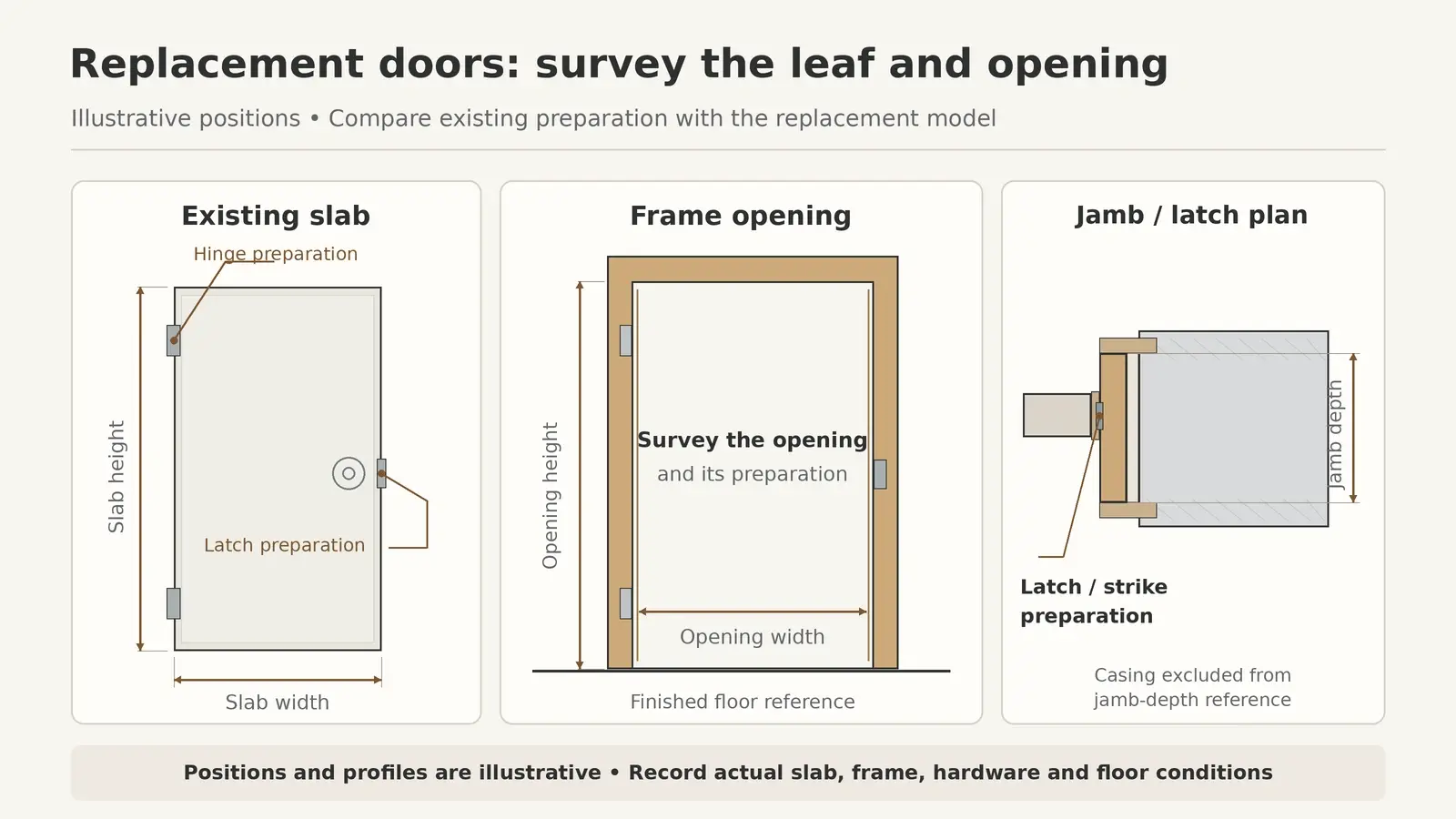 Existing interior door and jamb diagrams identifying slab size, hinge and latch preparation, opening and finished floor references