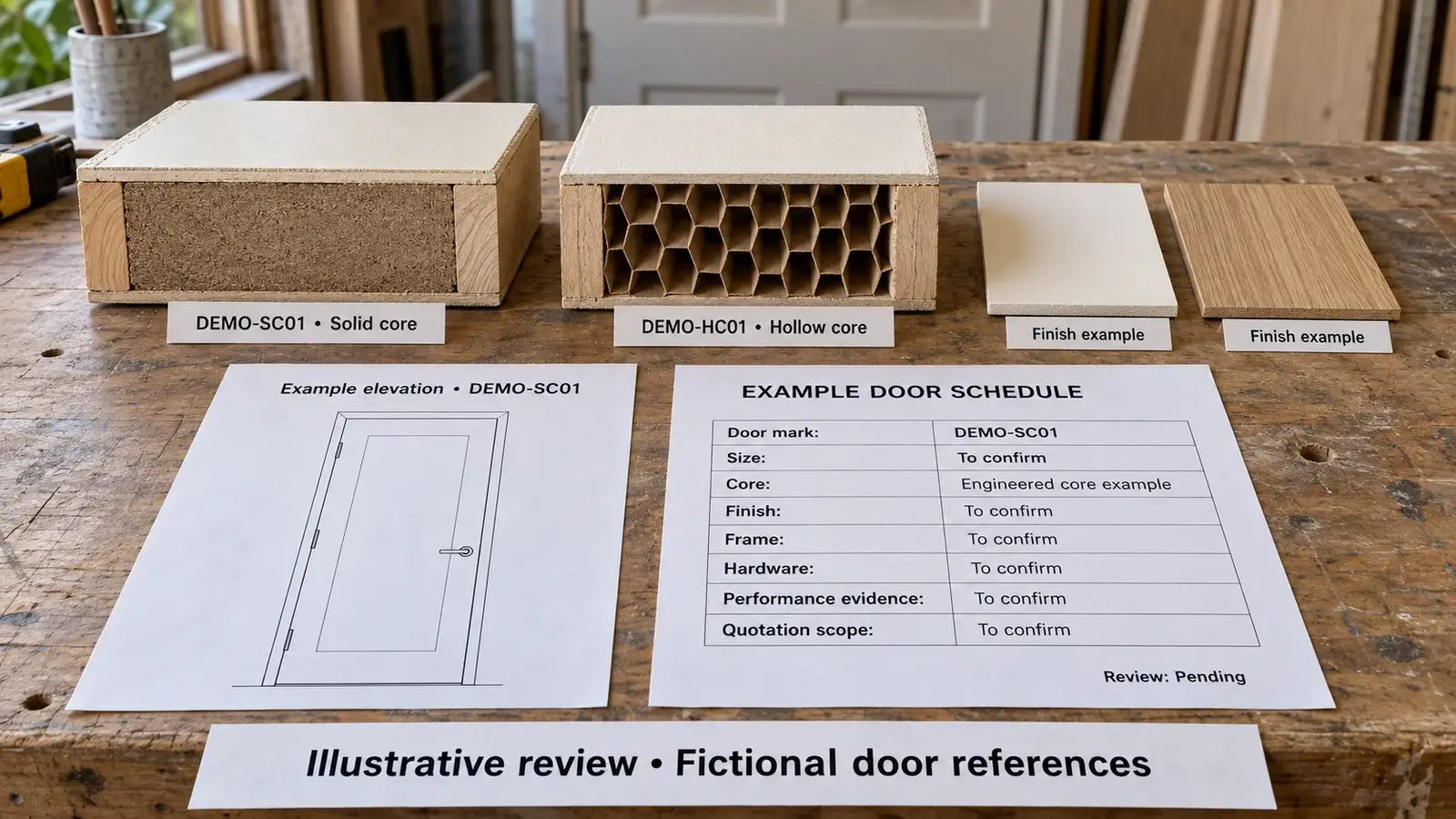 Door core and finish samples beside an elevation and door schedule checklist