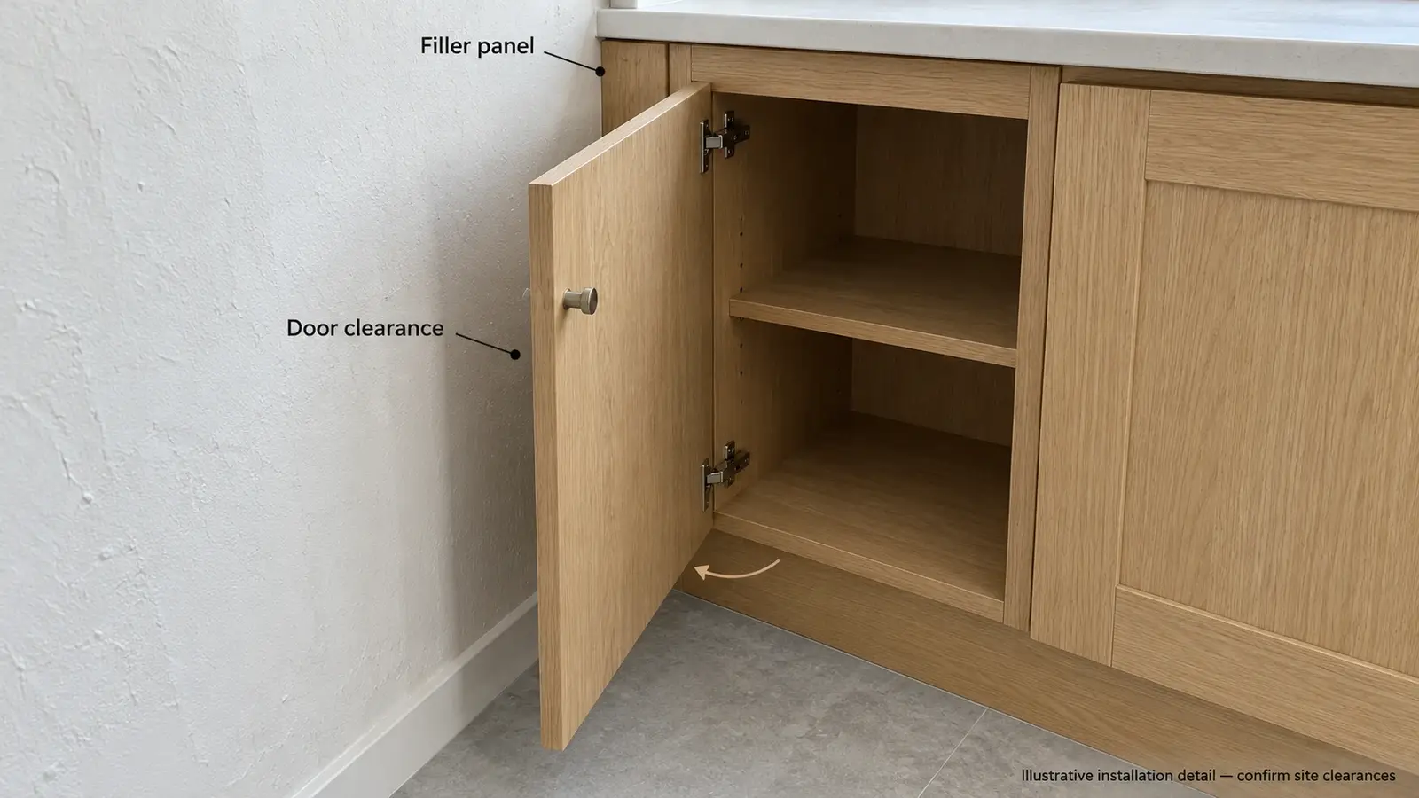 Kitchen cabinet filler beside a wall with the adjacent door open to show clearance