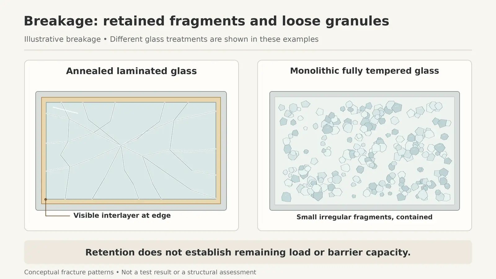Cracked laminated sample retaining fragments beside small fragments from a monolithic tempered sample